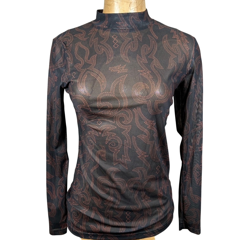 Sterling Kreek XS Black Brown Mesh Mock Neck Long Sleeve Western Top Layering